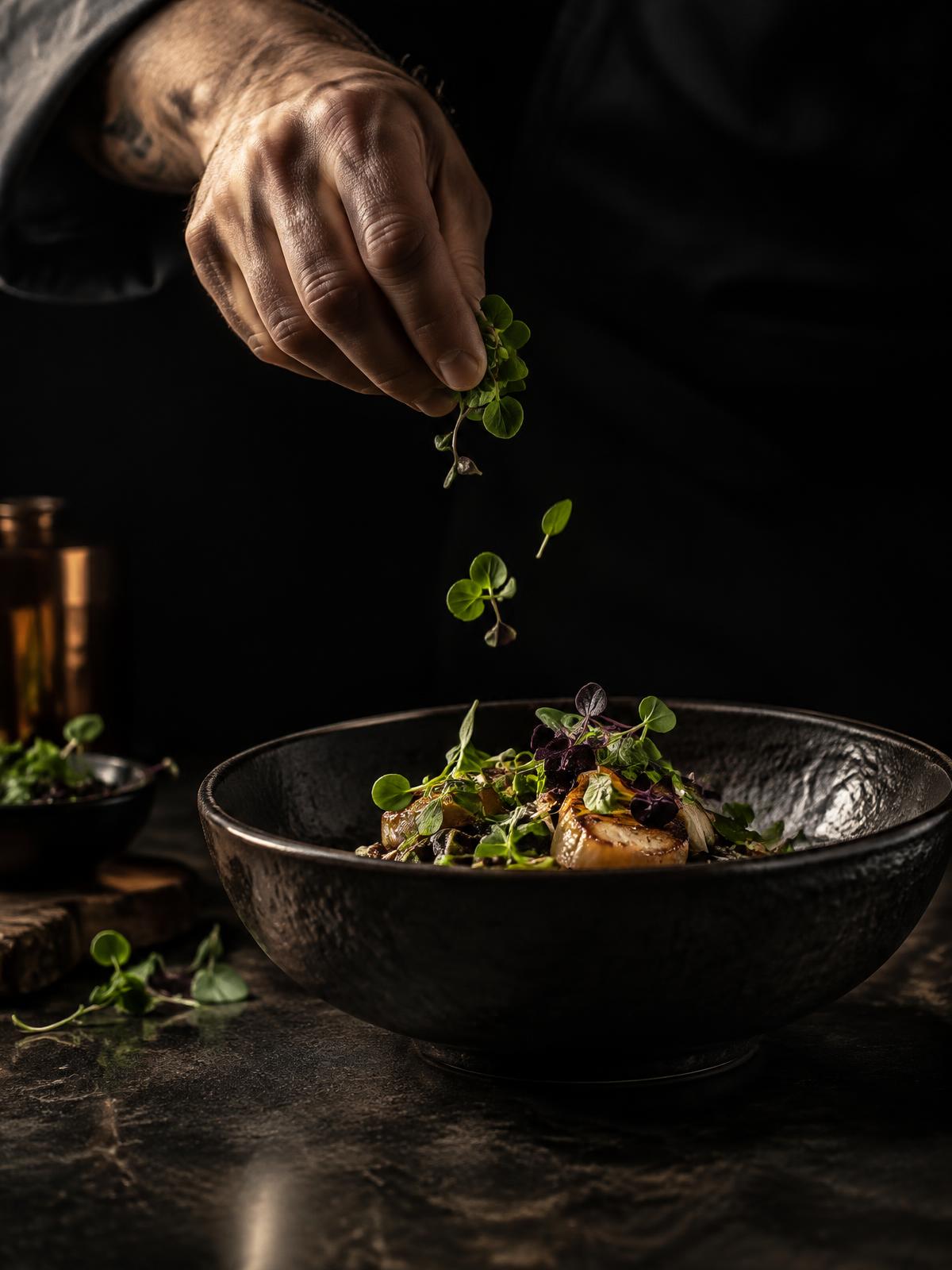 Chef finalizando prato com ervas frescas